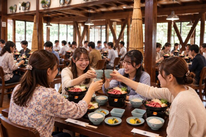 館内団体　火が出てる鍋を前にして乾杯